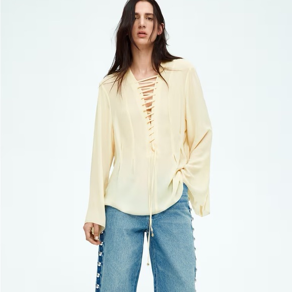 H&M SET Butter Yellow Maxi circle Skirt & LACING-DETAIL CHIFFON BLOUSE - Picture 4 of 5